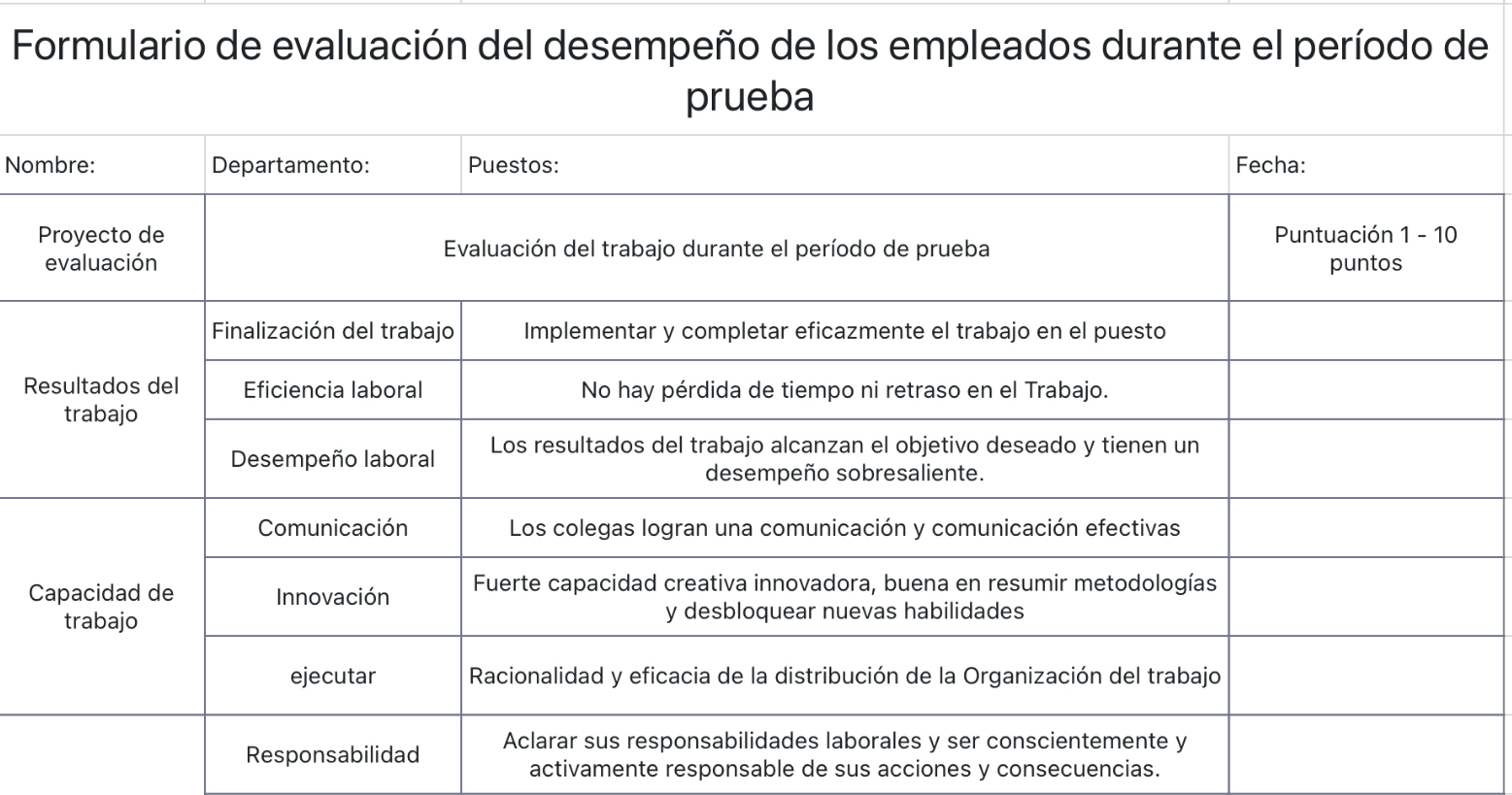 Formulario de evaluación del desempeño de los empleados durante el período de prueba